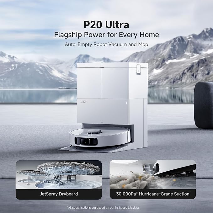 MOVA P20 Ultra Robot Vacuum and Mop, 30,000Pa Suction, MopExtend Edge Cleaning, All-in-One Dock with 145°F Mop Auto-Drying, 100 Days Auto-Empty, Liftable Spinning Mop for Carpet, Hard Floors, Pet Hair