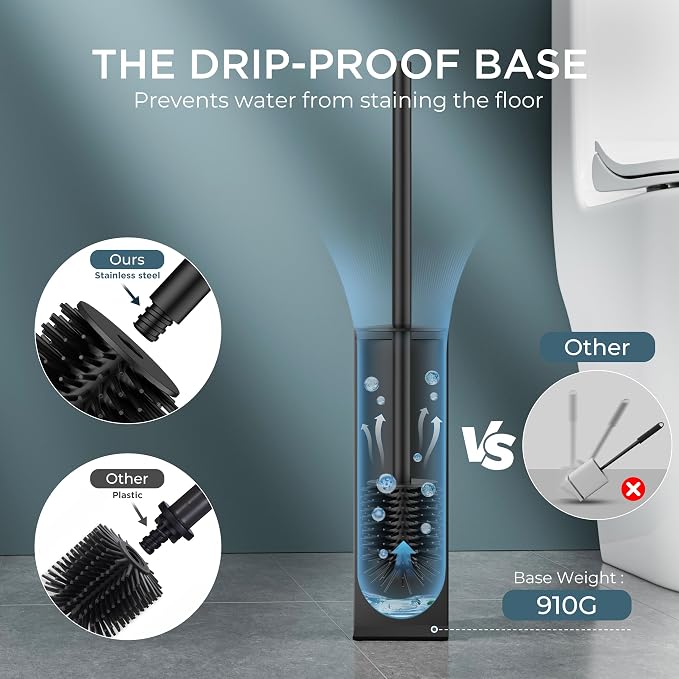 FORIOUS Tall Toilet Brush and Holder Set, Heavy Duty 304 Stainless Steel Base Square and Long Handle for Bathroom Deep Cleaning, Drip-Proof, Space Saving for Storage, 2 Toilet Bowl Brush Head, Black