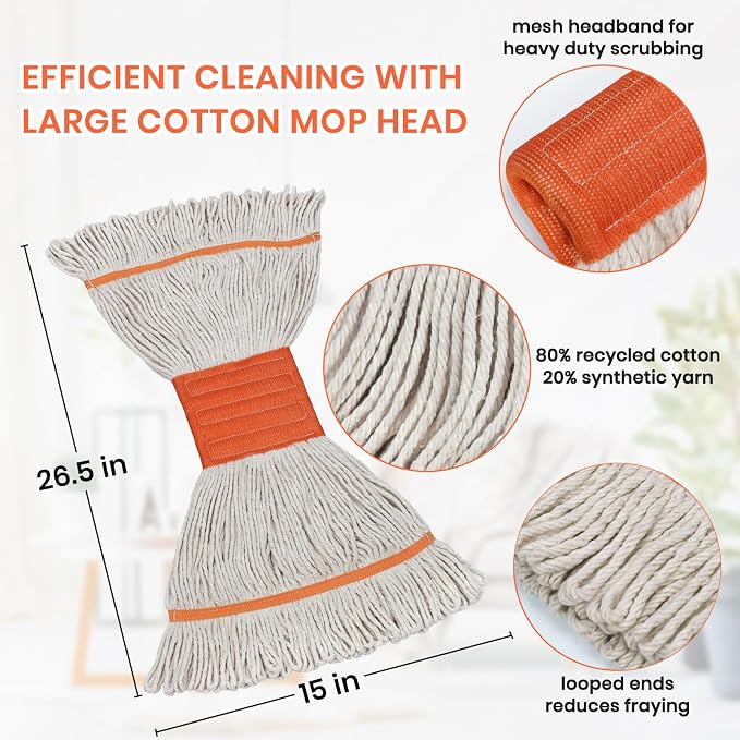 KalTell Commercial Mop, 58" Heavy Duty Industrial Mops for Floor Cleaning, String Cotton Mops Wet Mop Professional Janitor Mop for Home,Garage,Office, Workshop, Warehouse-Safety Orange