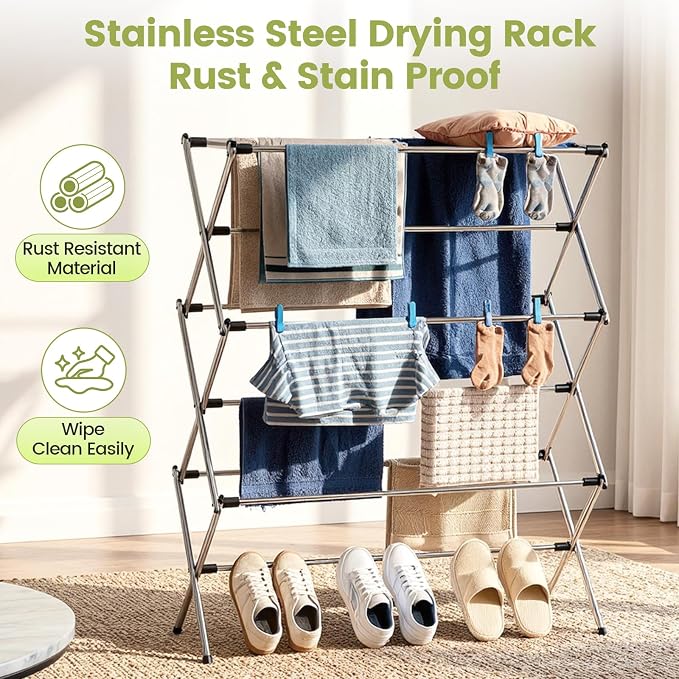 APEXCHASER Large Stainless Steel Clothes-Drying-Rack, Expandable Adjustable Width 24.76-35.51 Inch, 45.28" Height Space Saving Foldable Laundry Rack, Indoor Outdoor for Clothes Towels Shoes, Silver