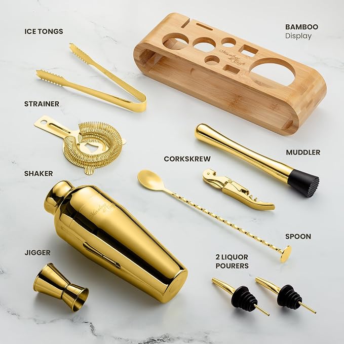 Mixology & Craft Cocktail Shaker Set with Bamboo Stand - Professional 10-Piece Bartender Kit, Complete Bar Set for Home Use with Jigger, Muddler, Strainer, Spoon, Pourers & Corkscrew (Gold)