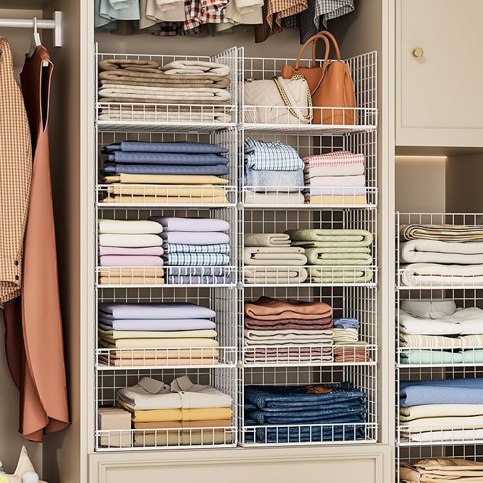 Yociyoga 5-Tier Stackable Closet Organizers and Storage Basket - Foldable Closet Shelf Organizer System, Space-Saving Clothes Storage Bins Drawer Organizer for Wardrobe, White (Patent 30022416)