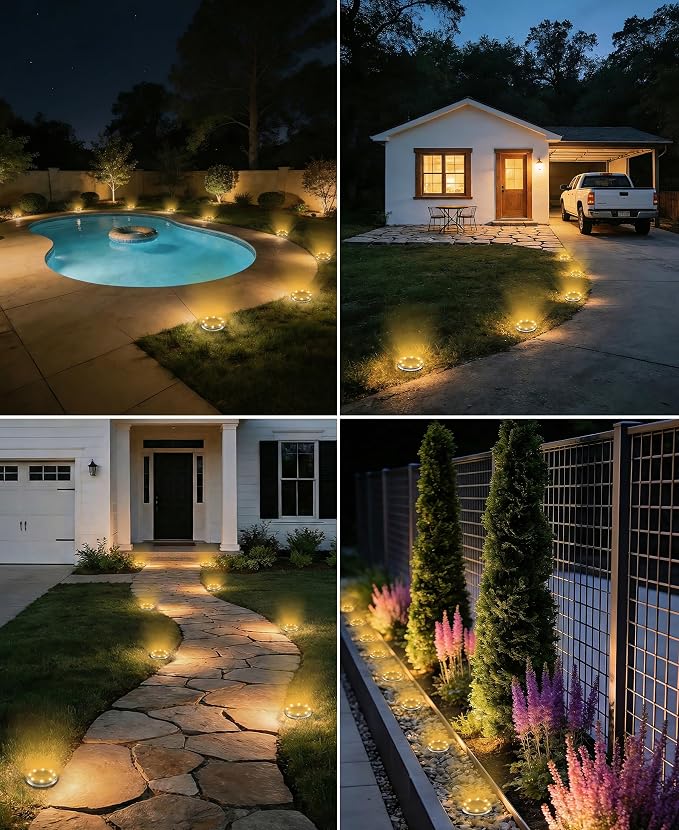 LOTMOS 20 Pack Solar Ground Lights, Solar Lights Outdoor Waterproof IP68 | 8 LED Flat Solar Disc Light, Puck Lights Solar Powered for Garden Yard Driveway Walkway Landscape Lawn Path Patio, Warm White