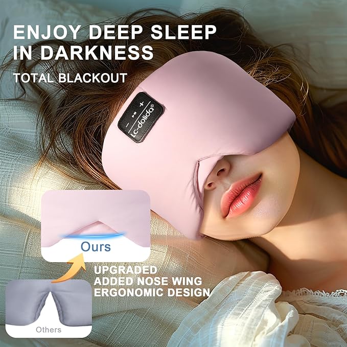 LC-dolida Bluetooth 5.4 Sleep Mask, Ice Silk Sleep Headphones for Side Sleepers, Adjustable Blackout Eye Mask with Bluetooth Headphones, Ultra-Soft Sleeping Mask for Women & Travel (Pink)