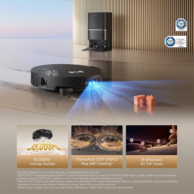 DREAME L60 Ultra Robot Vacuum and Mop, 35,000Pa Suction, Detangling Brush, AI-Enhanced 3D ToF Vision, 100℃ Mop Self-Cleaning, 280+ Object Types, Extendable Side Brush and Mop, Black