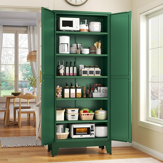 GAIOUS 75.2" Tall Kitchen Food Pantry, Pantry Cabinet with 2 Door and 5 Adjustable Shelves, Green Laundry Room Cabinets, Freestanding Pantry for Kitchen, Study Room, Dining Room and Entryway