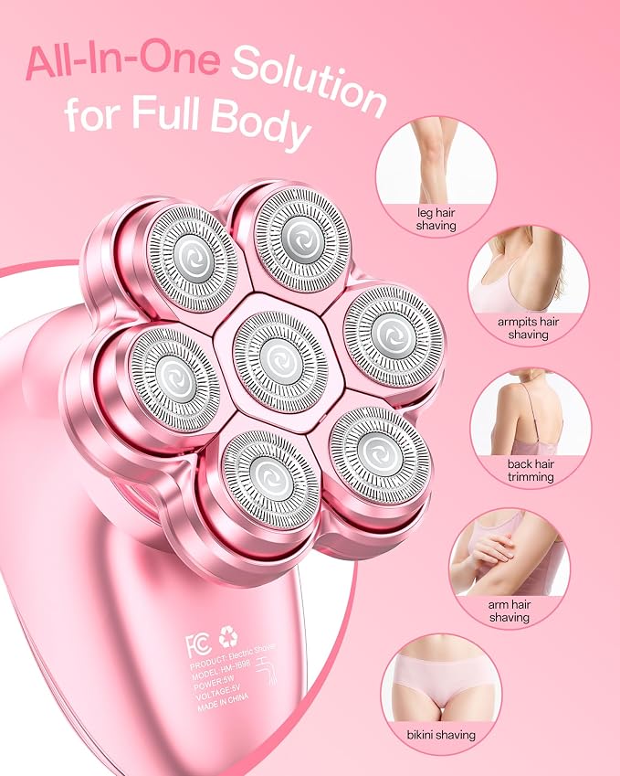 Electric Razors for Women, 5-in-1 Womens Electric Shavers for Legs, 7D Waterproof Wet Dry Travel Body Hair Remover Bikini Shavers for Lady Face Underarms Public