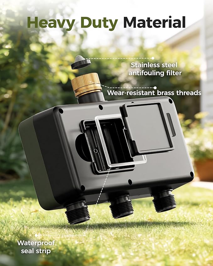 Brass Sprinkler Timer 3 Zone, Diivoo Water Hose Timer 3 Outlet for Garden, Programmable Automatic Irrigation with Rain Delay and Manual/Auto Mode Watering for Lawn, Yard, Pool