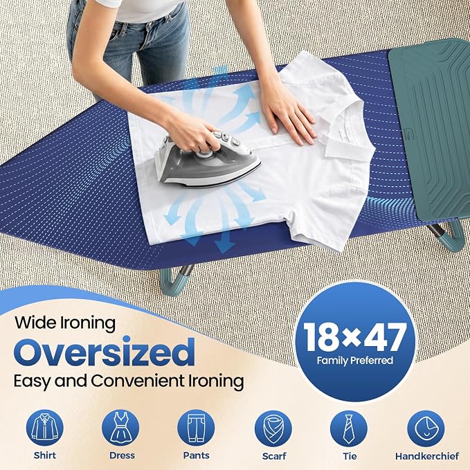 KINGBOARD 18x47 Extra Wide Ironing Board with Silicon Iron Mat, Blue | 18x47 Large Stand Ironing Board with Heat Resistant Cover, 4 Adjustable Heights Heavy Duty Leg 28" - 35" for Laundry Room