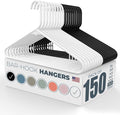 Plastic Hangers 100+ Pack (150 Count) – Made in the USA – 6lb Capacity Standard Clothes Hangers with Strap Hooks for Dresses, Lingerie, Shirts, Pants, and Jackets – White & Black