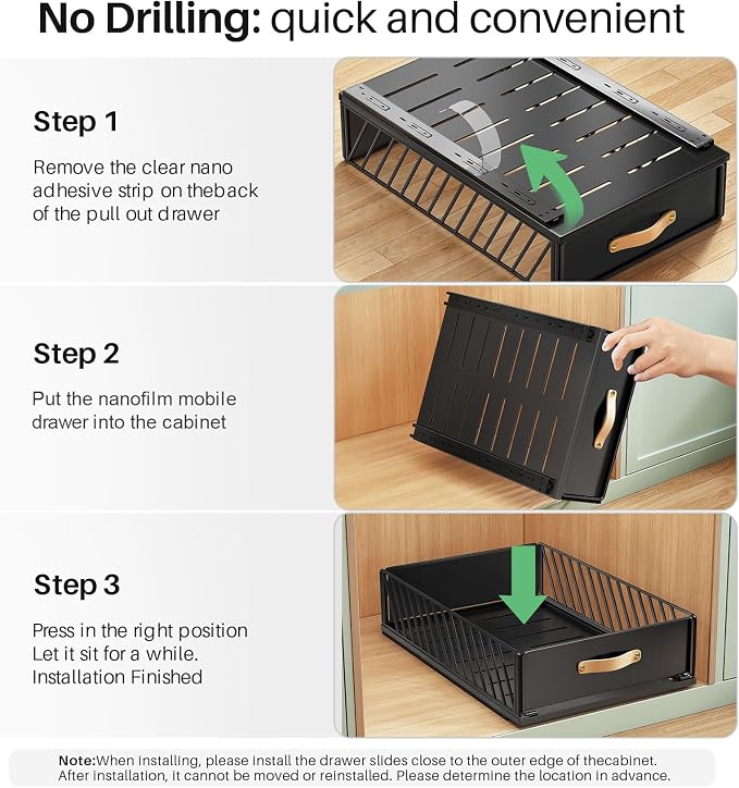 Pull out Cabinet Organizer,Heavy Duty Slide out Pantry Shelves Drawer Storage with Adhesive Nano Film,Sliding Mesh Cabinet Basket with Handle for Kitchen, Bathroom, Home, 13.8"W X 21"D X6.2"H,Black