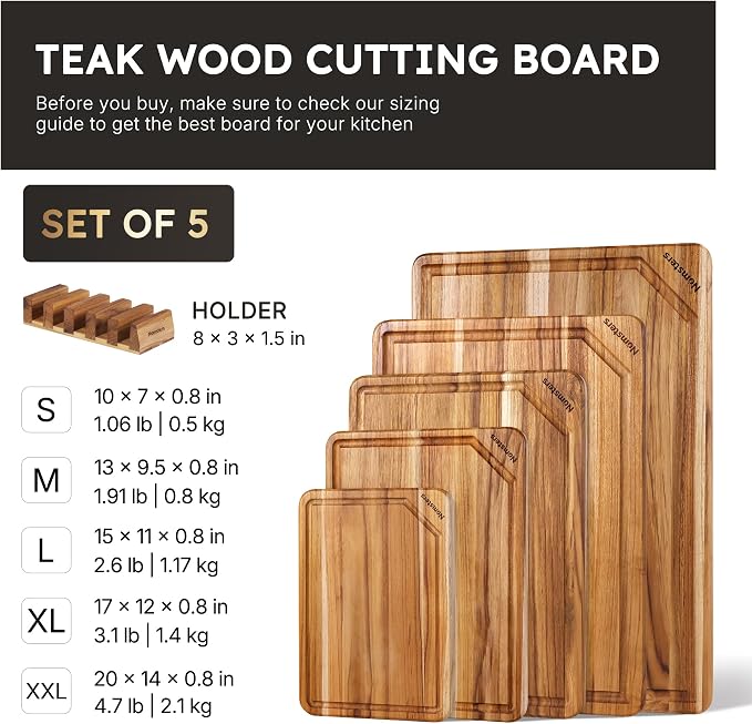 5 Pack Teak Wood Cutting Board Set with Holder Non Slip Over Sink Wooden Chopping Board for Fresh Meat Vegetable Thick Haus Perfect for Charcuterie Juice Groove Bread Boards for Kitchen