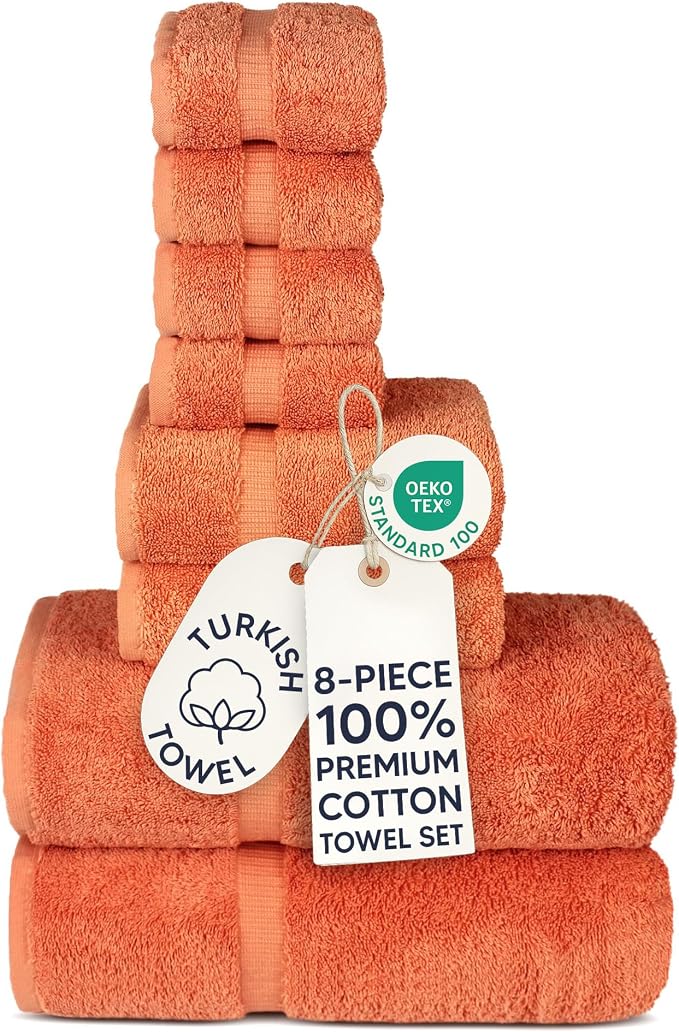 Chakir Turkish Linens Set of 8 Towel Set, 100% Cotton Luxury Turkish Towels for Bathroom, Soft Absorbent Bath Towel Set with 2 Bath Towels 2 Hand Towels 4 Washcloths, Coral