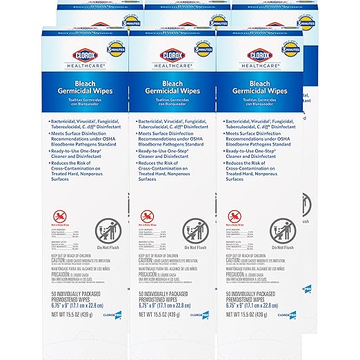 Clorox Healthcare Bleach Germicidal Individual Wipes, 6.75" x 9", 50 Count, Pack of 6 (Package May Vary)