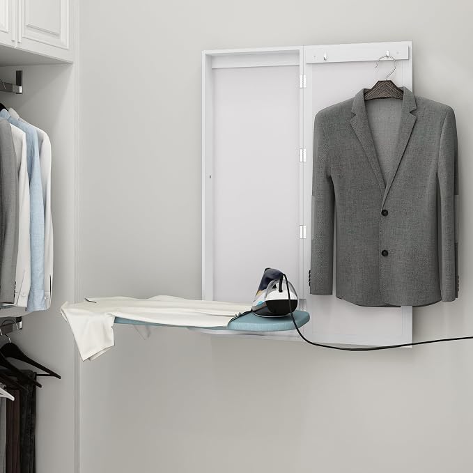 Slim White 180° Swivel Ironing Board Cabinet with Mirror Door | 3.8''W|Assembles in 15 Minutes|2 Clothes Hooks|Magnetic Door|Space‑Saving Hidden Design