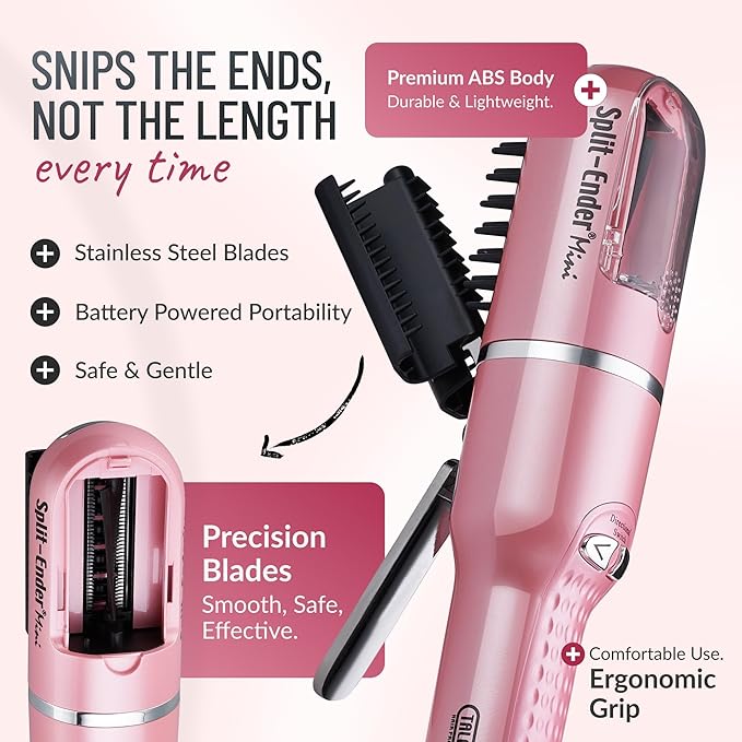Split Ender Mini – Original Cordless Split End Hair Trimmer for Dry, Damaged, Brittle, Curly, Frizzy, or Straight Hair – Battery Operated Home Styling Tool for Split Ends (Battery-Powered, Light Pink)