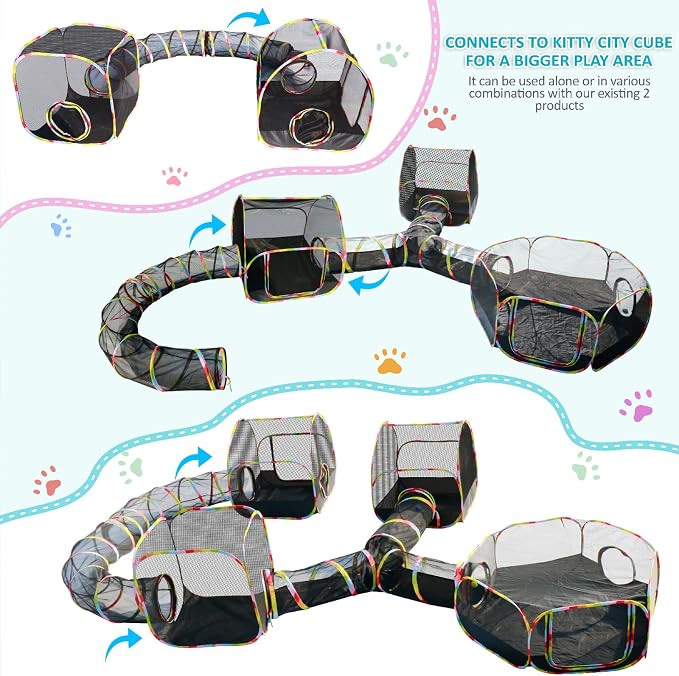Outdoor Cat Enclosure, 3-in-1 Portable Pop Up Cat Mesh Tent with Tunnel for Cat Run, Easy Set Up and Foldable Catio Playground for Indoor Cats, Rabbits & Small Animals, Includes Storage Bag
