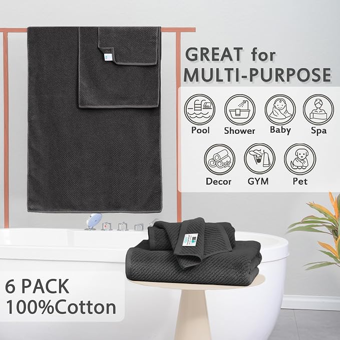 VOOVA & MOVAS 6PC Towel Set, 100% Cotton, Dark Grey | 2 Large Bath 30x56 In, 2 Hand 18x28 In, 2 Washcloths 13x13 In, Quick Dry, Thick, Soft, Towel Gift Set
