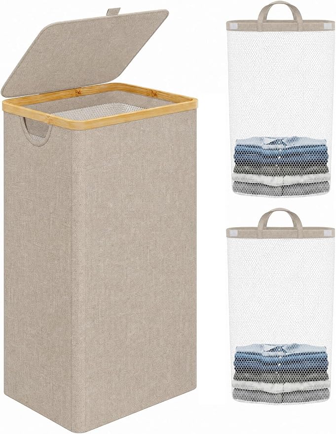 iEGrow Laundry Hamper with Lid, 110L Large Laundry Basket with Handle, Collapsible Clothes Basket Organizer with Removable 2 Inner Bag for Clothes Towels - Oatmeal