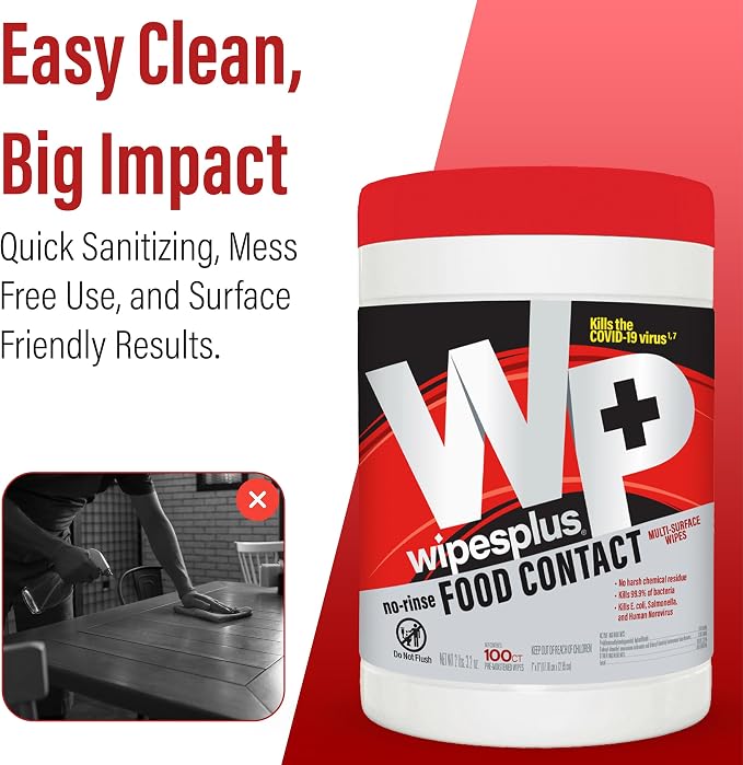 WIPESPLUS Cleaning Wipes All Purpose Food Contact - No Rinse, No Residue, Quick Dry Formula, Disinfecting Wipes For Restaurants, Foodservice, Schools - Canister, 100 Count, (Pack of 12)