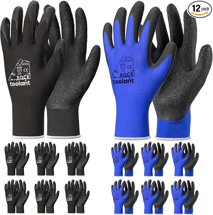 toolant Crinkle Latex Work Gloves Bulk, Rubber Coated Safety Work Gloves for Men and Women, 12 Pairs for Construction, Gardening, Warehouse (Black & Blue, XX-Large)