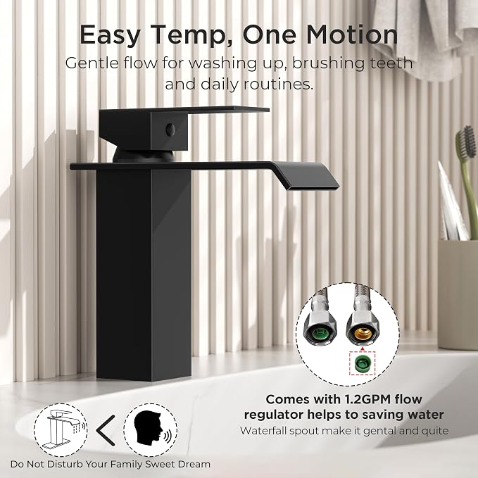 FORIOUS Bathroom Faucet Matte Black Modern Waterfall Bathroom Sink Faucet 1 or 3 Hole Single Handle with Deck Plate and Drain, Suitable for Vanity Rv Camper Commerical
