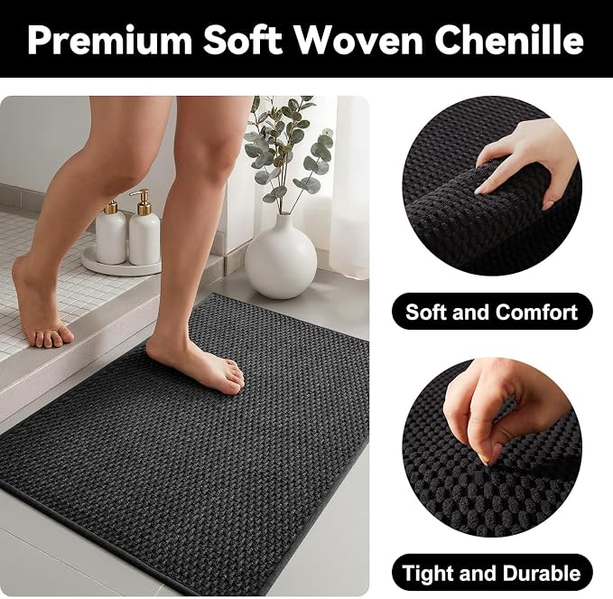 Triohero Bathroom Rugs Non Slip Washable, Super Absorbent Thin Bath Mat Quick Dry Low Pile Bathroom Rug, Black 24"x47"