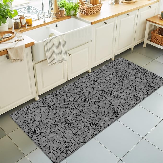 Hallway Runner Rug 2'x6', Grey Halloween Washable Bathroom Area Rugs for Kitchen Bedroom Laundry, Black Spiders Net Classic Gingham Non Slip Door Mat Indoor Entrance Floor Throw Bedsides Carpet
