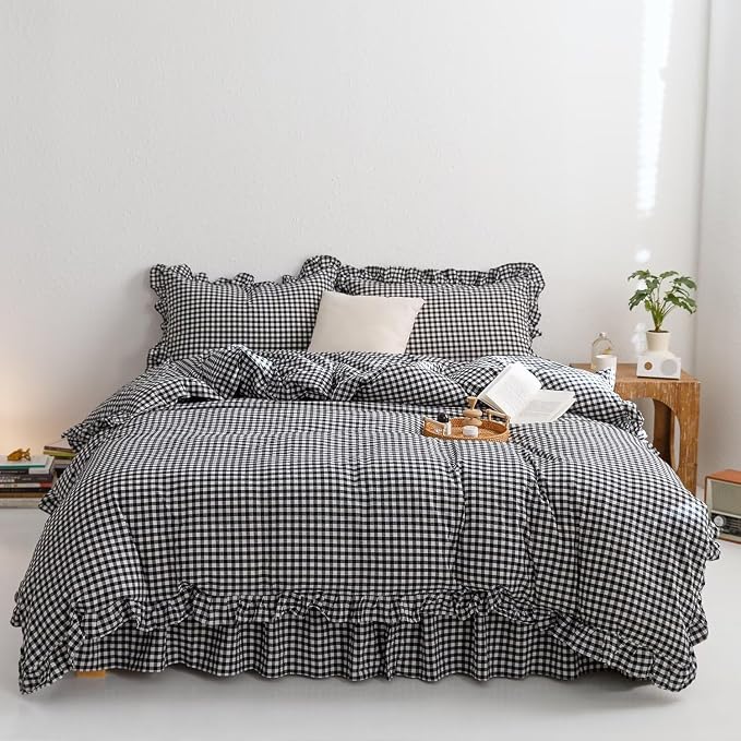 mixinni Black White Gingham Ruffle Duvet Cover King Size 3 Pieces – 100% Washed Cotton, Vintage Plaid Ruffled Bedding Set with Zipper Ties, Soft Checkered Grid Farmhouse Chic Comforter Cover Set