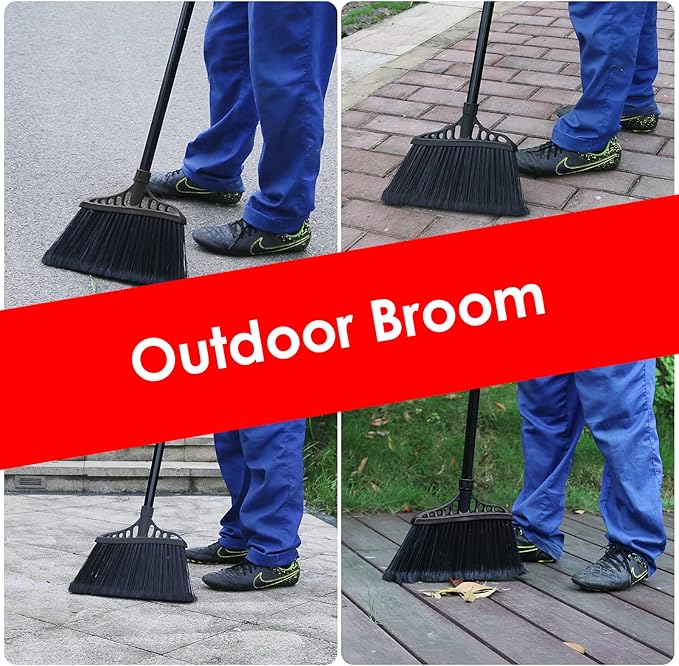 Tiumso 3-Pack Heavy Duty Broom, Commercial Broom with 55" Long Handle Outdoor Indoor, Industrial Brooms for Sweeping Garage Concrete Courtyard Patio Home Kitchen Office - All Black