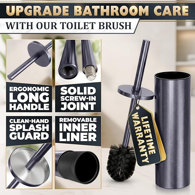 Graphite Metallic Stainless Steel Toilet Brush and Holder Set - Toilet Bowl Brush and Holder with Splash Cover, Sturdy Bristles, Corrosion & Scratch Resistant - Elegant Design, Effective Deep Cleaning