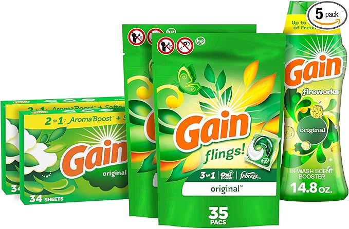 Gain Laundry Bundle: Flings Detergent Pacs (2x35ct), Dryer Sheets (2x34ct), Fireworks Scent Booster Beads (14.8 oz)
