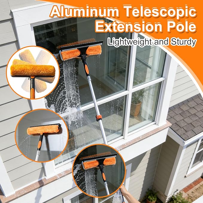 18FT Window Cleaning Kit, 2-in-1 Squeegee with 3-12FT Telescoping Pole & Flip-Lock & Screw Dual Locking, Professional Long Handle Washing Tool for High Windows
