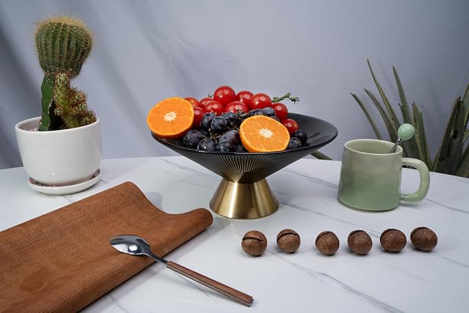 Tapered Glass Decorative Bowl (Gray), 9.8 Inches Handblown Striped Design Glass Bowl with Rust Resistant Metal Base,Decorative Fruit Bowl for Home Decor,Table Centerpiece,Kitchen Island,Dining Decor