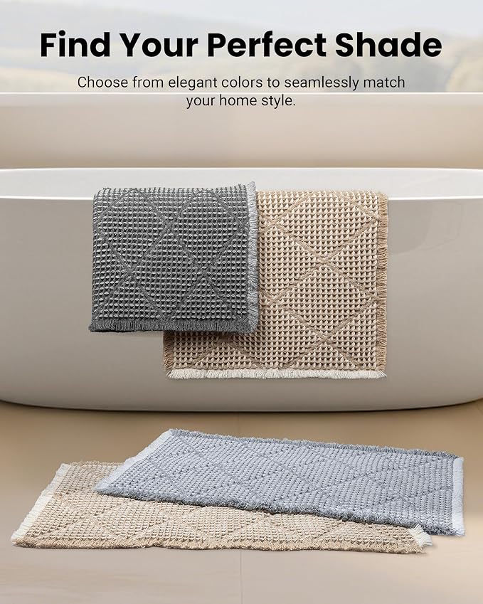 Furicher Waffle Bath Mat Set, Non Slip Bathroom Rugs Sets 2 Piece, Ultra Absorbent Bathroom Runner Rug for Boho Bath Room Decor, Machine Washable Boho Mats, Grey & Light Grey, 20"×47" Plus 18"×30"