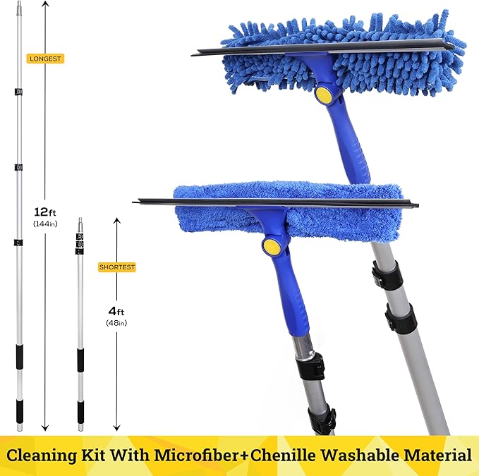 Kleen Handler 2-in-1 Window Squeegee with 4–12 ft Telescopic Extension Pole, Window Washing Kit for Home & Commercial Glass Doors, High Windows, 2 Sleeves Included