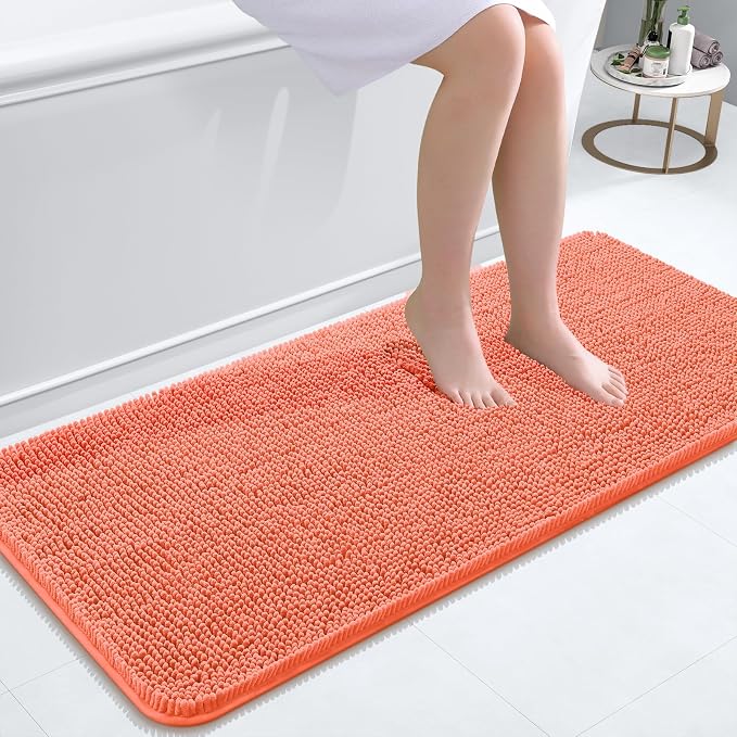 OLANLY Bathroom Runner Rugs 47x20, Extra Soft Absorbent Chenille Bath Rugs, Rubber Backing Quick Dry, Machine Washable Long Bath Mats for Bathroom Floor, Tub and Shower, Home Decor Accessories, Coral