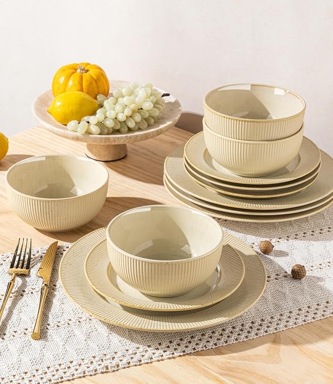 TheTerra Ceramic Dinnerware Sets for 6, 18 Pieces Porcelain Lightweight Plates and Bowls Sets, Scratch Resistant Dish Set, Oven, Microwave & Dishwasher Safe, Cream Latte