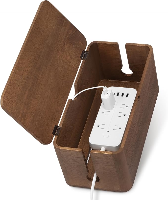 ZhiYo Wood Cable Management Box, Large Cord Organizer Box for Power Strip, Extension Cord Hider for Office, Desk Cable Storage Box for Wire Management, Floor Outlet Hider, 14.2" L × 6.7" W × 6.3" H
