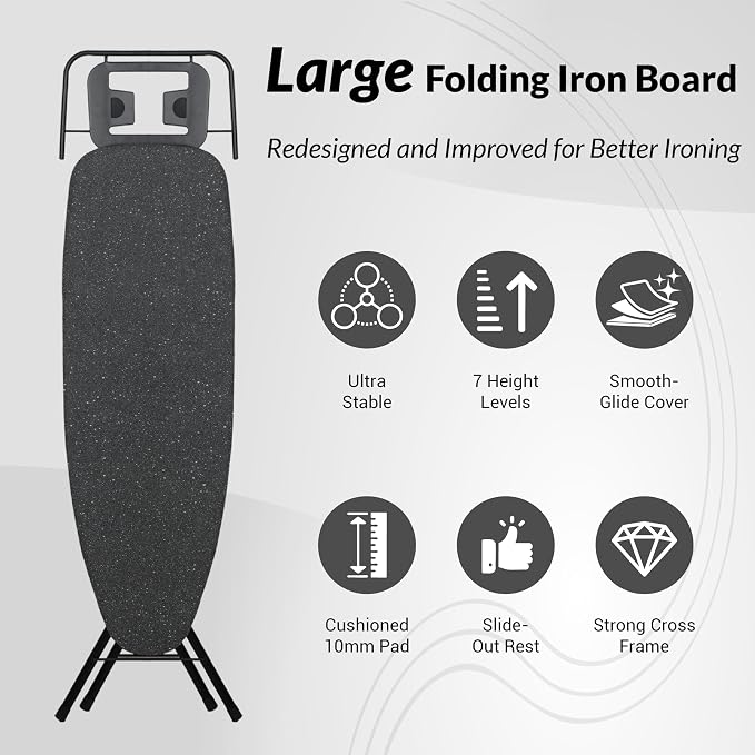 ZOES HOMEWARE 2026 Enhanced Ironing Board, Folding Iron Board with Retractable Iron Rest& Hook, 7-Level Height Adjustable Ironing Table with Thermo-Reflective Surface &10mm Thicken Pad, 43"x14"x36"