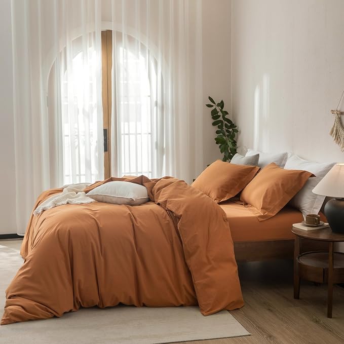 Linen Feel Duvet Cover King Size 104inch x 90inch,100% Washed Cotton Duvet Cover with Zipper Closure and 2 Pillowcases, Color of Burnt Orange