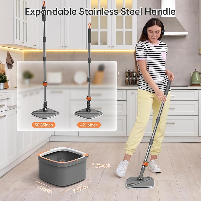 Spin Mop and Bucket Set with 2 Replaceable Microfiber Mop Pads with Self Separation Dirty and Clean Water System, Self Wringing 360° Rotating Square Mop Head for Hardwood Tile Marble Floors