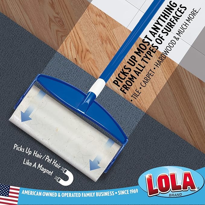 LOLA Rola PET Hair Remover Sticky Mop, Giant Floor Lint Roller, 9" x 3.5", Extender Handle, Largest Head, Traps Hair, Dust, Dirt, Extra Sticky Sheets