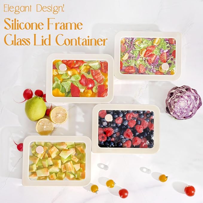 Glass Food Container Set with Glass Lid, 4 Pack, Food Storage Containers Set, Airtight, LeakProof, 100% Plastic Free, Meal Prep Containers (White Color)