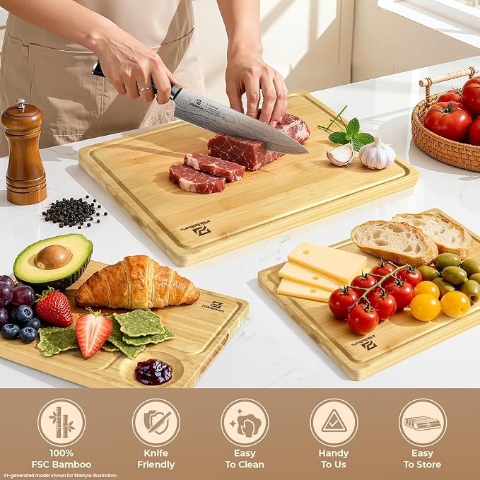 Large Bamboo Cutting Boards Set of 4 for Kitchen, Bamboo Charcuterie Chopping Board with Holder Non Slip, Steak Serving Tray with Juice Groove, Big Butcher Block for Cheese, Ideal for Gift
