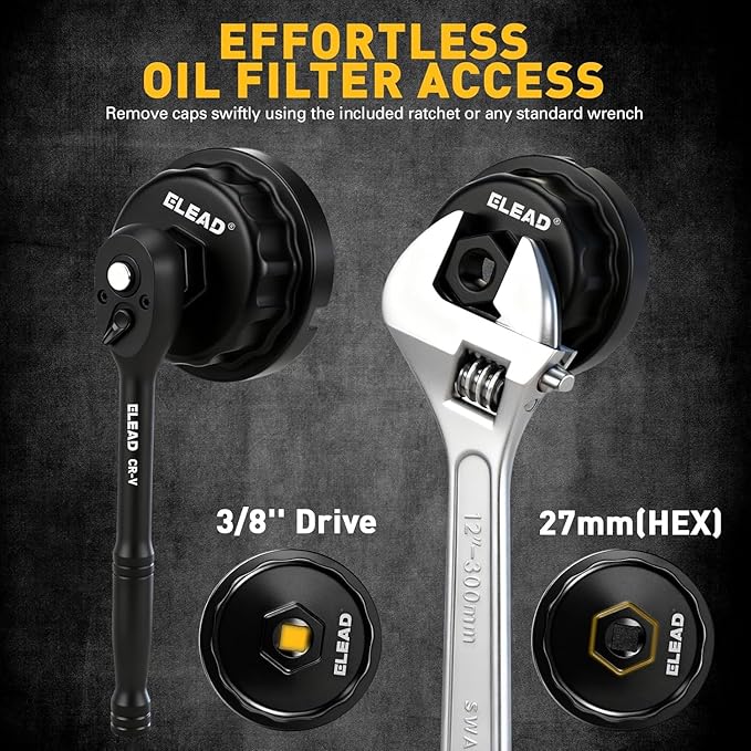 ELEAD 27 mm Oil Filter Socket Wrench, Metric Oil Filter Wrenches, 3/8'' Drive 6-Point Oil-Filter Removal Tool, Low Profile Design for Easy Removal, Chrome Vanadium Steel Oil-Change Tool