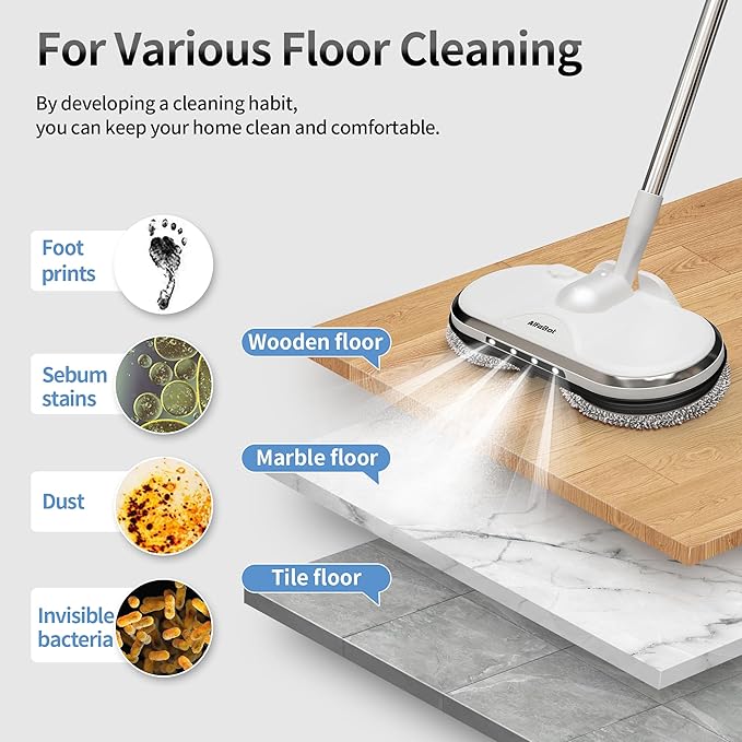 Cordless Electric Mop, WS24 Cordless Spin Mop for Floor Cleaning, Lightweight & Rechargeable Floor Cleaner with Water Sprayer and LED Headlight for Hardwood and Tile Floors, White