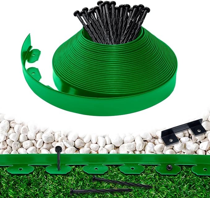 Landscape Edging Border 60 FT 2 Inch Tall with 120 Spikes, Plastic Edging for Landscaping, Garden Edging Border， Flower Bed, Paver and Lawn Edging Border, Green