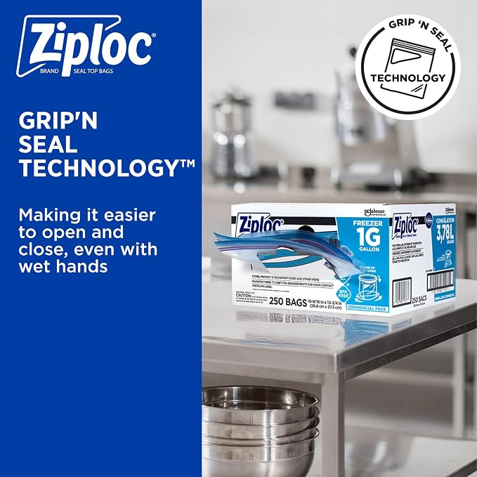 SC Johnson Professional Ziploc Brand Food Storage Freezer Bags, 1 Gallon Freezer Bags, Ziploc Brand Bags, Commercial Pack, 250 Count Box, for Professional Use Only