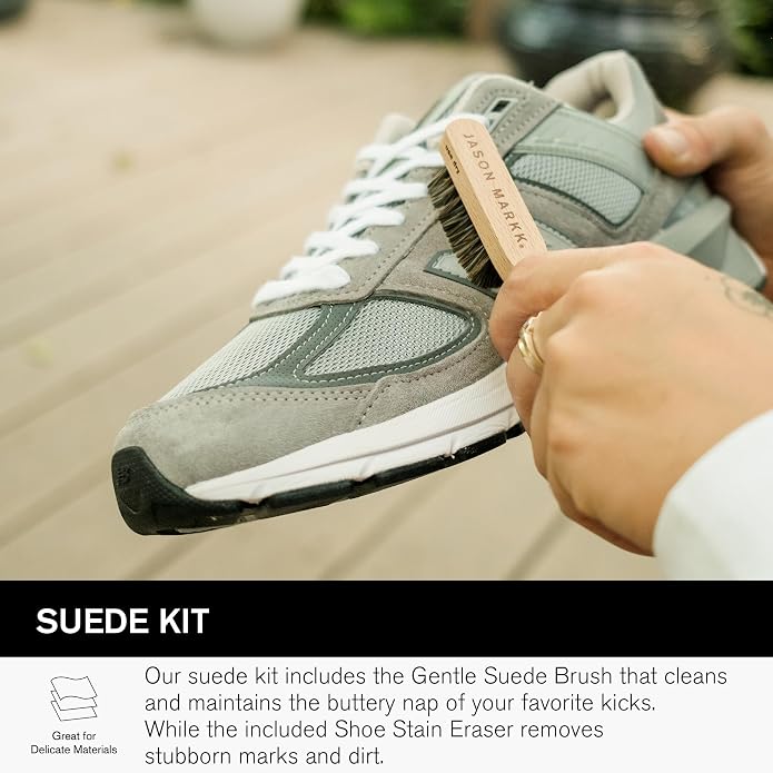 Jason Markk Suede Essentials Bundle, 4-Piece Shoe & Sneaker Care Set, 4oz Deep Cleaning Solution, Two Brushes, & Suede Stain Eraser, Safe for Leather, Nubuck, Cotton, Knits, and More